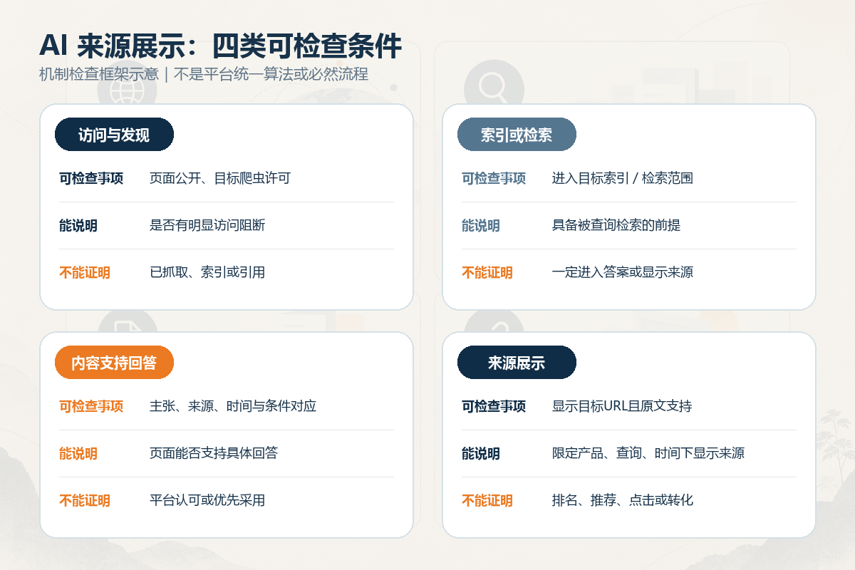 AI来源展示四类检查条件及其证据边界